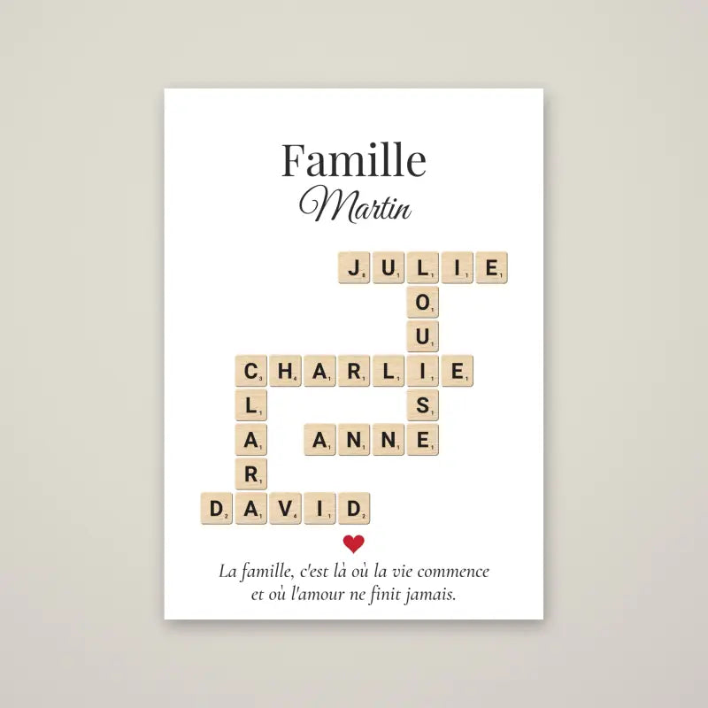 Affiche Scrabble famille personnalisée sans cadre, fond blanc