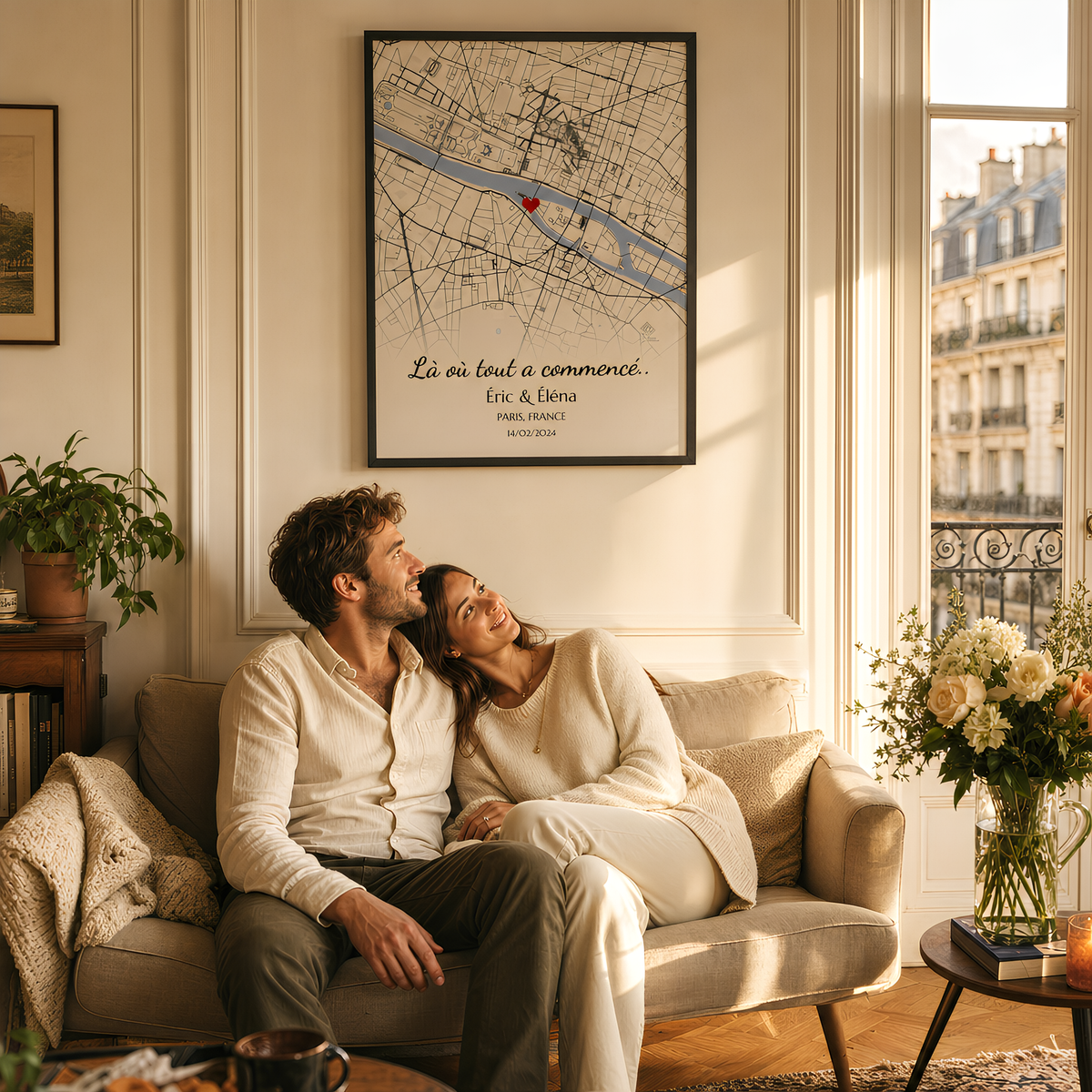 Couple dans un appartement parisien sous leur affiche lieu de rencontre encadrée