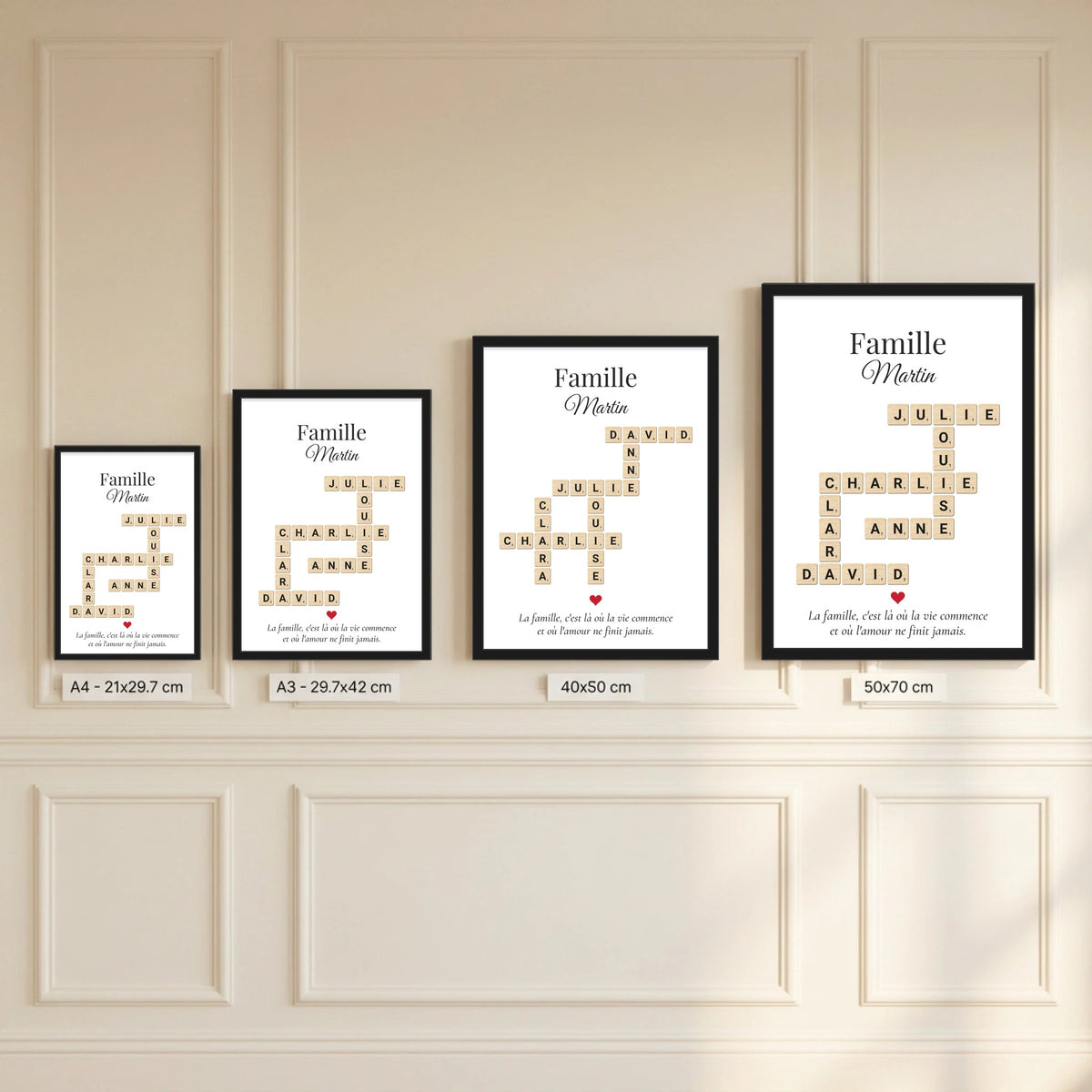 Affiche Scrabble famille personnalisée en 4 formats : A4, A3, 40x50 et 50x70 cm